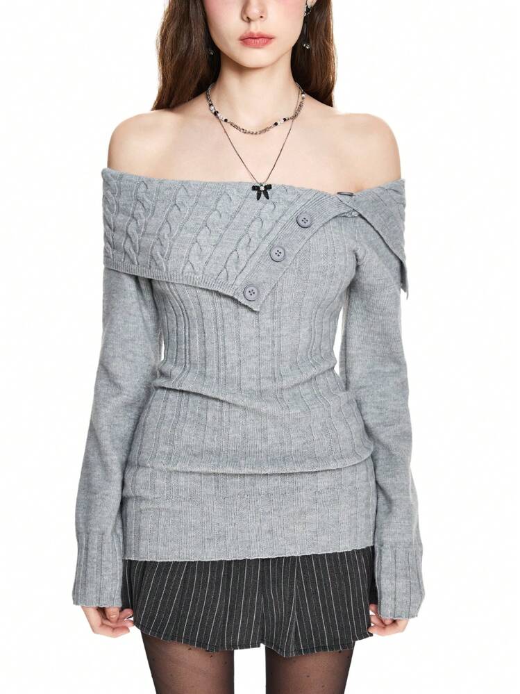 ROMWE Y2K スタイル レディース オフショルダー リブ編み クロップドセーター 長袖トップス - グレー - 見る 2