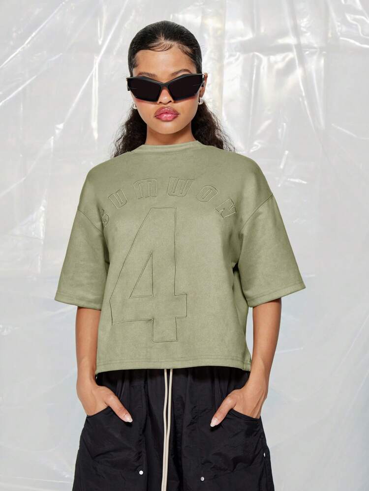 SUMWON WOMEN St Patricks Day Oversized Sage Green Sporty Varsity Number 4 Graphic Short Sleeve Crop Top Lucky Irish Athletic Streetwear For Festive Celebrations