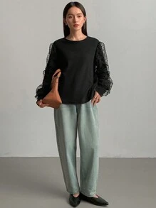 FRIFUL Women Fashion Polka Dot Mesh Contrast Black T-Shirt