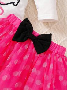 SHEIN Playful Pals 3pcs/Set Baby Girls Party Outfit, Includes Letter Print Long Sleeve Bodysuit, Tulle Skirt And Headband Clothes Set - Hot Pink - View 6