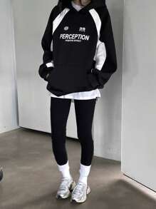 DAZY Áo nỉ trùm đầu họa tiết chữ màu phong cách đường phố rộng rãi dành cho nữ, áo dài tay, quần áo mùa thu, mùa đông - màu đen - Xem 2