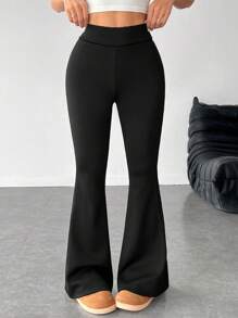 SHEIN PETITE Quần ống loe tập yoga cho nữ, quần co giãn cạp cao, quần lót giữ nhiệt kiểm soát bụng khi tập luyện - màu đen - Xem 8