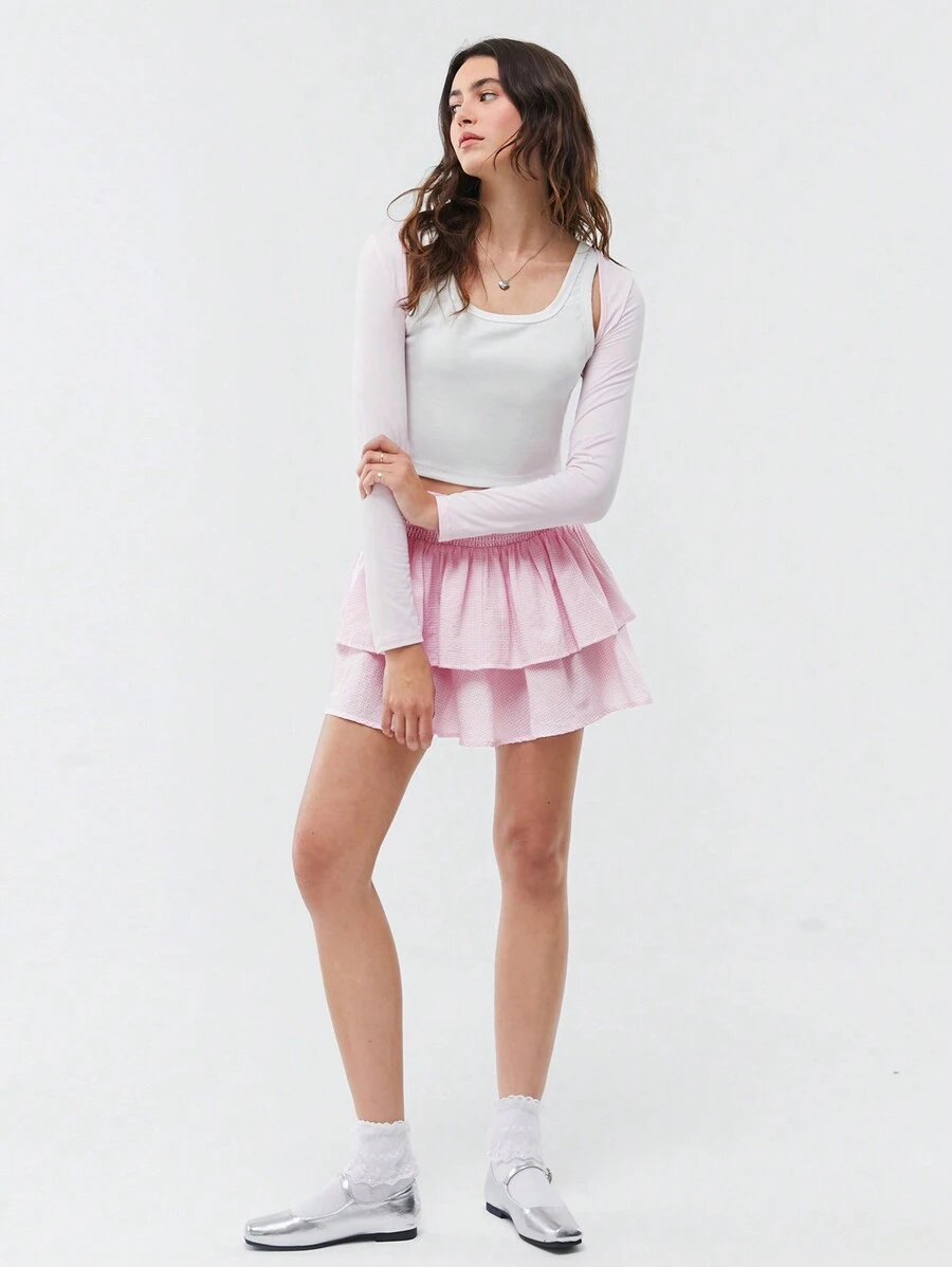 Muchica 女士格子时尚休闲粉色荷叶边下摆半身裙 - 粉色 - 查看 1