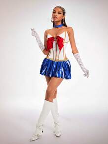 SHEIN SXY Đầm mini dây mảnh trang trí nơ màu tương phản dành cho nữ kèm phụ kiện xích body - Nhiều màu - Xem 5