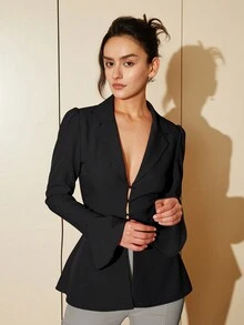 SHEIN Black Friday x Star Picks 女款收腰平領極簡風喇叭袖襯衫，休閒日常穿著，夏季長袖上衣，商務休閒春季風格黑色 - 黑色 - 查看 7