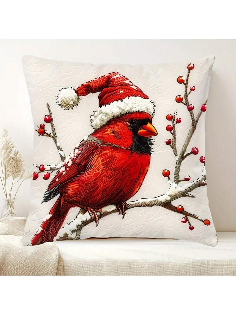 1 件圣诞红雀鸟抱枕套，现代风格，数码印花，单面，手洗，拉链短毛绒靠垫套节日装饰适用于沙发和各种房间 - 紅色 - 查看 1