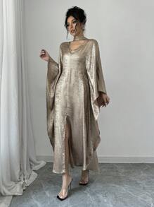 SHEIN Clasi Vestido largo de satén con cuello en V y detalles de brillo dorado elegante para mujer - Dorado - Ver 3