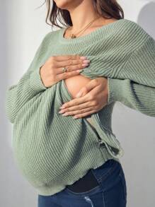 SHEIN Maternity V-Neck Long Sleeve Single-Breasted Casual Cardigan, Autumn/Winter - Mint Green - View 8