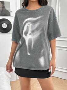 SHEIN EZwear 圆领短袖印花简约T恤，休闲日常穿着 - 灰色 - 查看 3
