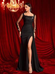 Glamrae Elegant Luxurious Black Off-Shoulder Sheer Long Sleeve Lace Embroidered Ruched Slit Mermaid Flowy Evening Gown For Wedding, Party, Holiday, Banquet (Heavily Embellished), Formal Prom Dress, For Wedding Guest, Graduation, Dinner
