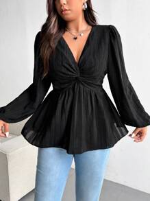 Flirla Blusa negra elegante y favorecedora con cuello en V, mangas abullonadas largas, fruncido en la cintura y volantes, talla grande - Negro - Ver 7
