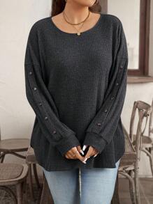 SHEIN LUNE 大码女式休闲罗纹长袖 T 恤 - 深灰色 - 查看 4