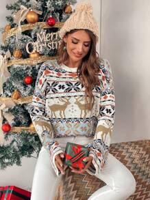 Chiquease Women's Geometric Pattern Drop Shoulder Long Sleeve Casual Sweater, Autumn & Winter