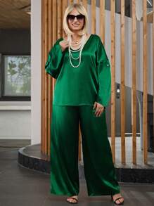 EMERY ROSE 2pcs Plus Size Women V-Neck Roll Sleeve Blouse & Pants Set