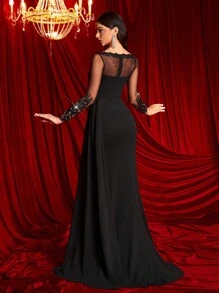 Glamrae Elegant Luxurious Black Off-Shoulder Sheer Long Sleeve Lace Embroidered Ruched Slit Mermaid Flowy Evening Gown For Wedding, Party, Holiday, Banquet (Heavily Embellished), Formal Prom Dress, For Wedding Guest, Graduation, Dinner