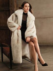 Anewsta 新款时尚仿狐狸毛长外套，女士奢华毛茸茸大衣，时尚外套，秋冬 - 米色 - 查看 3