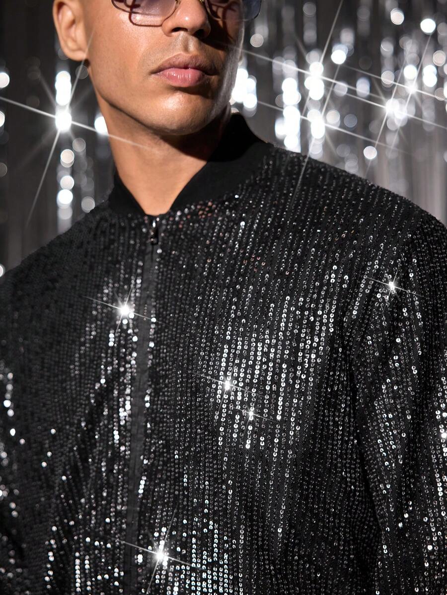 Manfinity VCAY 男士时尚休闲宽松亮片装饰拉链开衫