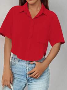 Chiquease Women's Solid Color Pocket Short Sleeve Cropped Casual Shirt, Summer For New Year Clothes,Short Sleeve Tops