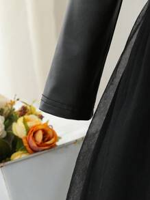 Young Girl Fashion Minimalist Casual Cool Round Neck Drop Shoulder Long Sleeve Cinched Waist Solid Color PU Contrast Mesh Autumn Winter Dress - Black - View 6