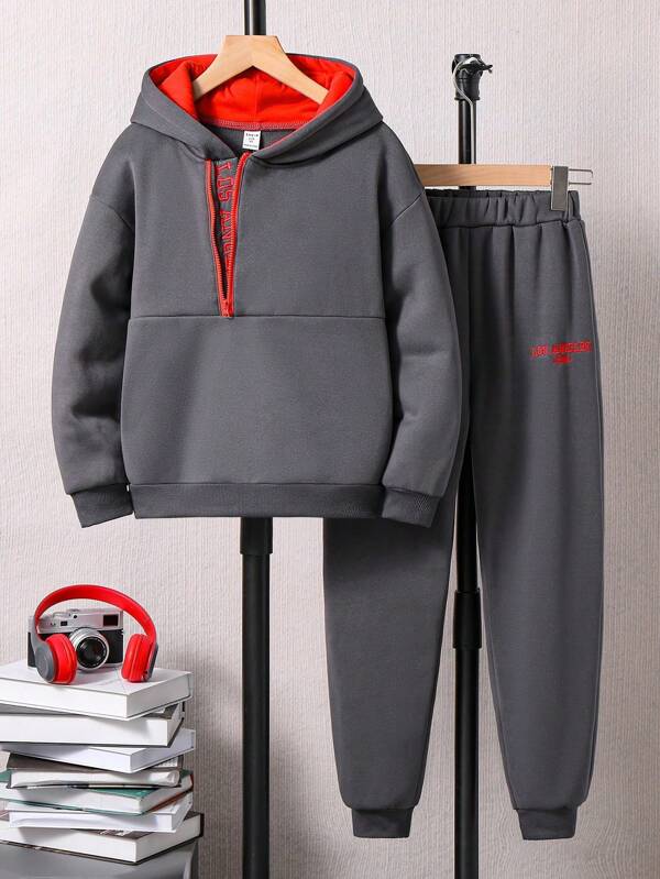 SHEIN 2pcs Tween Boy Casual Zip-Up Drop Shoulder Hooded Sweatshirt And Jogger Pants Set, Autumn