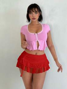 Sweetina 女士超低腰蕾丝网布双层褶皱系带迷你裙 - 紅色 - 查看 2