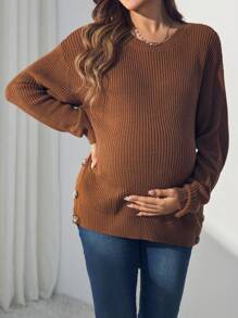 SHEIN Maternity Solid Color Drop Shoulder Round Neck Button-Up Long Sleeve Sweater, Autumn/Winter