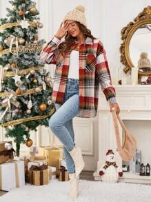 SHEIN Essnce Women's Loose Red And White Plaid Corduroy Coat,Christmas Autumn Long Sleeve Drop Shoulder Jacket With Pocket,Casual Stylish Occasion Commuting Wear - Multicolor - View 6