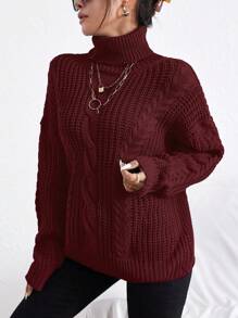 RueChic Áo len dài tay cổ lọ trễ vai màu trơn cho nữ vào mùa thu/đông, áo dài tay - Màu Đỏ Sâu - Xem 3