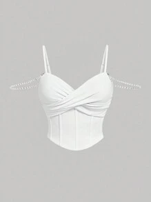 SHEIN MOD 大码优雅浪漫白色珍珠装饰细肩带紧身胸衣和阔腿裤两件套 - 白色 - 查看 7