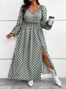 SHEIN VCAY 大码灯笼袖蕾丝拼布度假连衣裙 - 彩色 - 查看 2