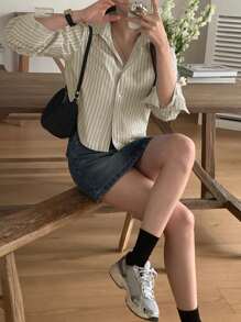 DAZY Women's Striped Form-Fitting Cropped Long Sleeve Shirt, Beige, Spring/Autumn,Fall Women Clothes