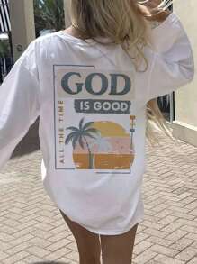 Women 2025 Spring/Autumn New Casual Palm Tree & Slogan Print Loose Dropped Shoulder Long Sleeve T-Shirt, A Fashion Essential For Every Season