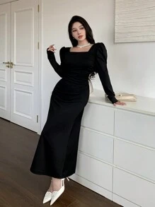 Modelyn Women's Elegant Mid-Length Black Dress With Bowknot Decor & Gigot Sleeve, Autumn & Winter Long Evening Dresses - Multicolor - View 6