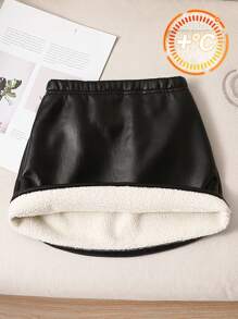 SHEIN Young Girl Fluffy Composite PU Skirt, Suitable For Casual Daily Wear, Autumn Winter - Black - View 1