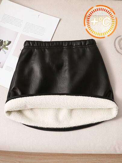 SHEIN Young Girl Fluffy Composite PU Skirt, Suitable For Casual Daily Wear, Autumn Winter