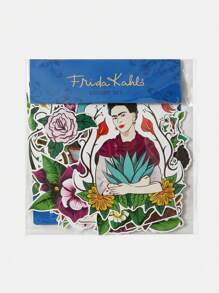 Frida Kahlo X SHEIN Paquete de 55 pegatinas con motivos florales y de letras, para regalar - Multicolor - Ver 6