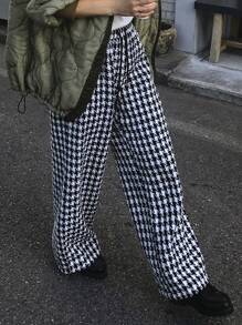 FRIFUL Women's Houndstooth Pattern Drawstring Waist Wide Leg Loose Casual Pants Plaid - Black and White - View 6