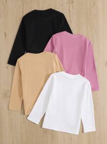 SHEIN Leap Crew 年轻女孩秋冬装 4 件年轻女孩纯色修身休闲 T 恤套装，秋冬季，非常适合休闲、日常穿着和上学。 - 彩色 - 查看 2