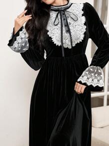 Modelyn Women's Elegant Velvet Dress With Lace Embroidery Patchwork, Princess Style Maxi Women Outfit Long Evening Dresses Fall Cloth For Women - Black - View 1