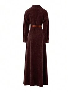 Europe And The United States Burst Simple Lapel Solid Color French Retro Women Waistband Dress Y2K Autumn And Winter Corduroy Suit Collar Long Sleeve Slimming Elegant Pocket Lady Mid-Length Dress