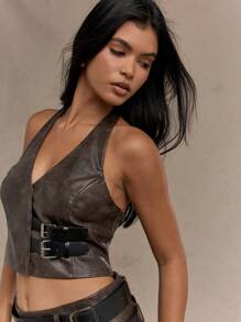 MISSGUIDED PU Double Buckle Detail Halter Neck Crop Top - Brown - View 3