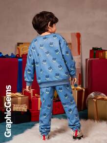 2 件套小男孩圣诞熊印花连帽衫和裤子套装