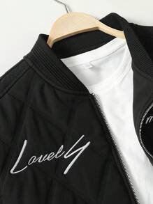 Manfinity Homme Abrigo casual acolchado para hombre, estilo clásico de bombardero, bordado de letras, otoño/invierno - Negro - Ver 5