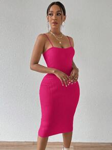 SHEIN Allurite Sleeveless Slim-Fit Midi Ribbed Knitted Dress For Women, Christmas - Hot Pink - View 4