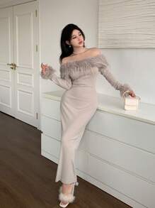 Feyla Women's Solid Color Off-Shoulder Fluffy Splice Elegant Long Sleeve Dress Long Evening Dresses - Khaki - View 4