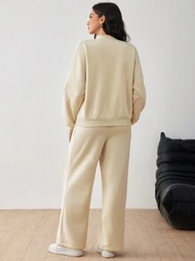 SHEIN Maternity Women 2-Piece Set: Zip-Front Baseball Jacket And Drawstring Waist Pants, For Fall Season - Apricot - View 2