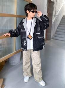 SHEIN Tween Boy Black Korean Style Loose Graphic Print Hoodie Jacket,Autumn Street Life Casual Graphic Street Fashion,School Back-To-School Outdoor Play - Multicolor - View 3