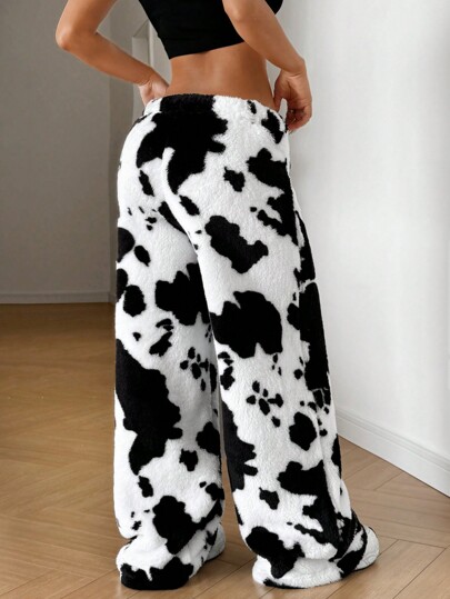 SHEIN EZwear Cow Print Plush Straight-Leg Pants, Casual Daily Wear