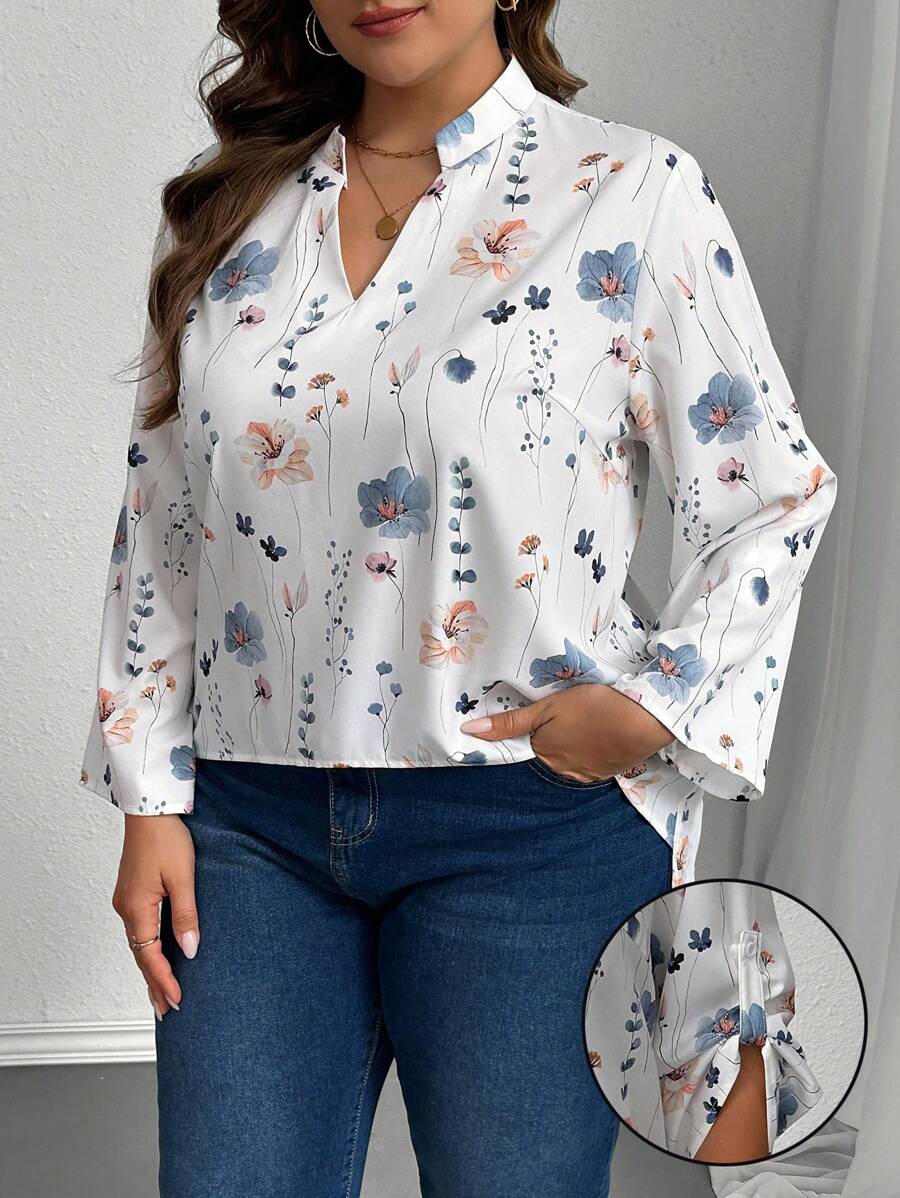 SHEIN Privé 大码优雅花卉印花 V 领长袖纽扣可调节袖口衬衫，适合休闲和工作，秋季