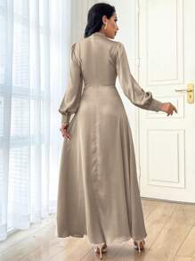 Modelyn Women Elegant Solid Color Lantern Sleeve Modest Long Sleeve Maxi Arabian Dress, Spring Summer Long Evening Dresses - Brown - View 2